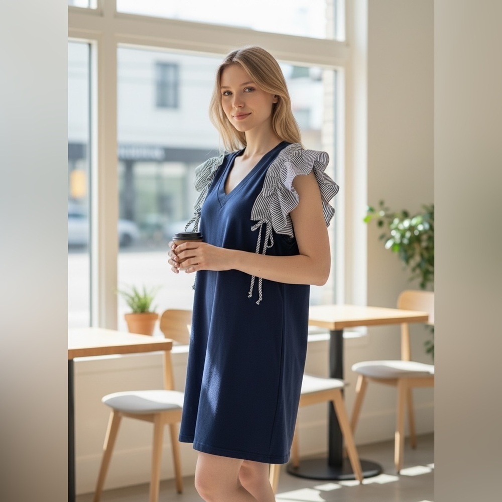 Navy V-Neck Dress with Striped Ruffle Tie Sleeves